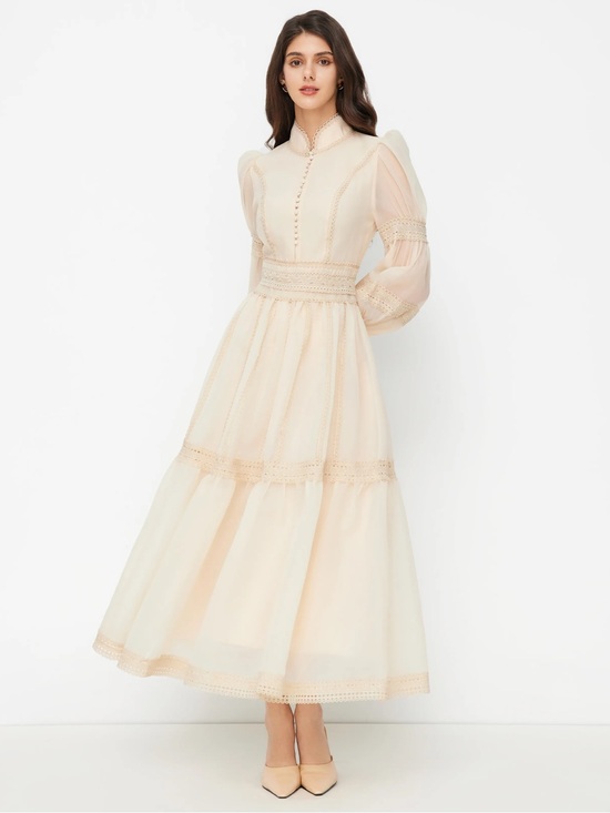 Cider Dresses & Skirts - NWT CIDER CHIFFON HIGH NECK CONTRASTING LACE CINCHED WAIST A-LINE MAXI DRESS